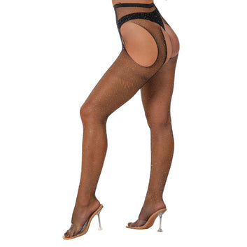 Lace by LJ Rhinestone Fishnet Crotchless Pantyhose Black