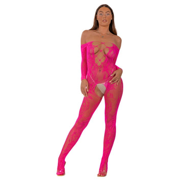 Lace by LJ Lace Up Front Crotchless Bodystocking Fushia
