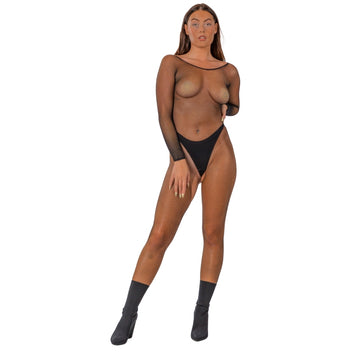 Lace by LJ Fishnet Crotchless Long Sleeve Bodystocking Black