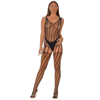 Lace by LJ Crochet Bodystocking with Lace Up Back Black